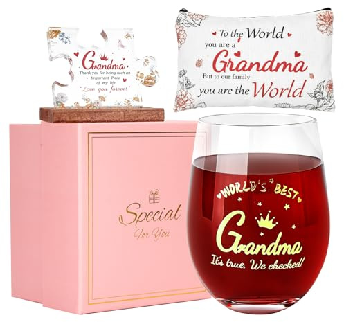 Grandma Birthday Gifts from Grandchildren, Personalised Stemless Red Wine Glasses Gift Sets for Women Her, Ideas Christmas Birthday Presents for Grandmother from Granddaughter Grandson, 19 Oz