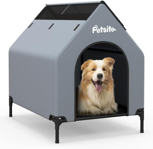 COSTWAY 2 in 1 Hundehütte & erhöhtes Hundebett, Hundeliege Outdoor, Haustierhaus mit atmungsaktivem Netzgewebe & Abnehmbarer Abdeckung, Hundehaus für kleine Hunde, Oxford, Grau (64 x 91 x 86 cm)