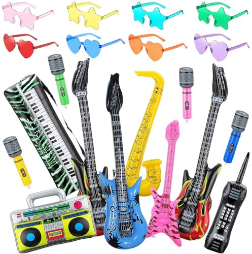 20Pcs Inflatable Instruments Party Props with Funny Sunglasses Set, Inflatable Rock Star Toy Guitar Saxophone Bass Microphones Recorder Piano Photo Booth, 80s 90s Rock N Roll Music Party Decorations