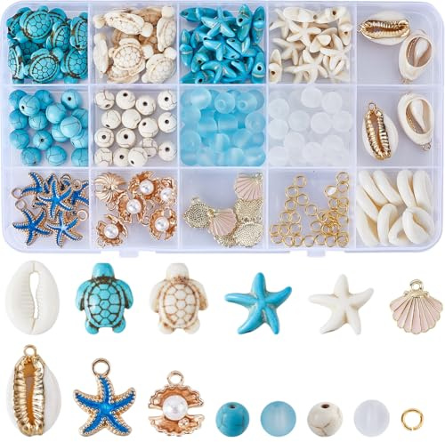 SUNNYCLUE 1 Box 224 Teiliges Perlen Set Ocean Meeresschildkröten perlen Sommer Perlenset Turtle Bead Seestern Perle Kauri Muschel Anhänger Türkisfarbene Glücksperle Hawaii Beads Mit Ozean Motiven Glas