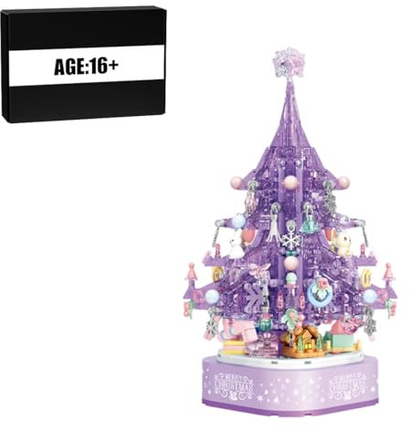 Funwetrike Bloque de construcción de árbol de Navidad, caja de música de árbol de Navidad de cristal, árbol de Navidad de construcción, regalos de adorno de Navidad (versión dinámica/729 piezas)