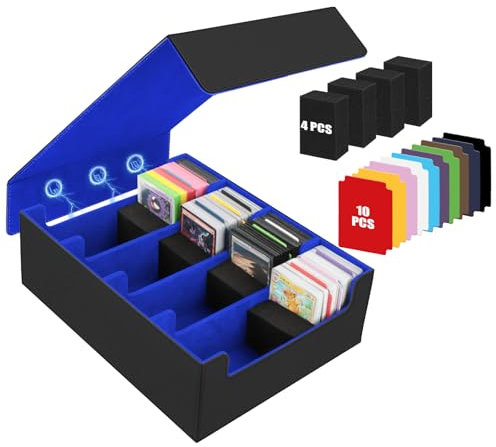 Karten Box für 2800+ Karten,Sammelkarten Box mit 10 Kartenteiler,Sammelkarten-Aufbewahrungsboxen PU Leder Commander Gathering Deck Box Karten Aufbewahrungsbox für MTG,TCG,Sportkarten (Schwarz & Blau)
