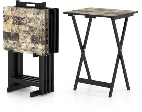 COSTWAY Folding Tables Set of 4, Faux Marble TV Dinner Tray Tables with Storage Rack and Carrying Handle, Portable Small Sofa Side Table Laptop Coffee Snack Tables for Indoor Outdoor, 48x40x67cm