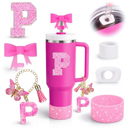 6PCS Pink Stanley Cup Accessories Set, Initials Decorations for Stanley Cup 30oz 40oz, Includes Bow Straw Topper, Handle Charm, Letter Sticker, Silicone Boot, Spill Proof Stopper (Letter P)