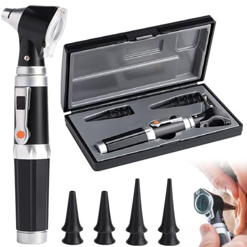 Otoskop Mit Licht, Pocket Diagnostic Ear Infection Detector Mit Hartplastik Fall, 3-Facher Vergrößerung Und 4 Speculum Tips Größe, 8 Ohrstöpseln Für Erwachsene Und Kinder Und Haustiere (Schwarz)