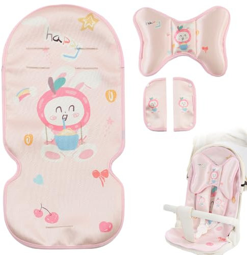 AIRCADIA Sitzauflage Kinderwagen Sommer Kinderwagen, 5 Punkt Gurt Kühlkissen Weiche Atmungsaktive, 3 Stück Kühler, Kissen Schulterpolster, Kopfkissenkinder, Mit Niedlichen Tieren (Hase)
