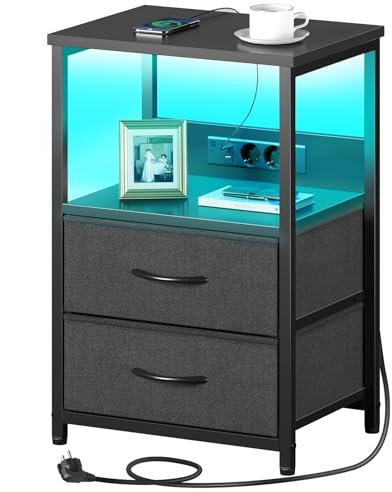 Rolanstar Mesitas de Noche con Función de Carga, Mesillas de Noche Dormitorio con Luces LED, 2 Cajones y 3 Niveles de Almacenamiento, Mesa de Cabeceira para Habitación, Negro