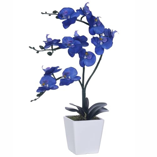 YSZL 15 Tall Artificial Silk Phalaenopsis Orchid Flower Plant Pot Arrangements (Navy Blue)