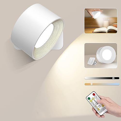 RWSRW 1 lámpara de pared LED interior, lámpara de pared sin conexión de alimentación, 4 niveles de brillo, 3 modos de color, lámpara de noche con batería, giratorio 360°, luz blanca