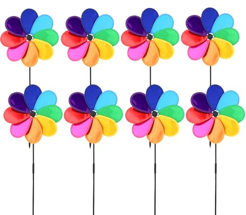 8 Stück Windrad Blume 30cm Regenbogen Sparkly Windmühle Spinner Windspiel Windrad Garten Windräder Vogelabwehr für Rasen Windrad Hof Garten Terrasse Balkon Gartenstecker Deko