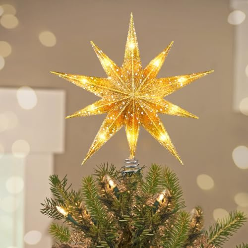 Luxspire Weihnachtsbaumspitze, beleuchteter Stern Baumspitze mit USB Plug-in & Fernbedienung, 9,8 LED Metall Dekorationen Licht, Xmas Baum Vintage Modern Ornament für Home Party, Decagram Star-Gold