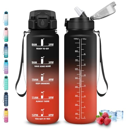 Grsta Borraccia 1 litro, Borraccia con Cannuccia, Senza Perdite, Borraccie Motivazionale, Facile da Pulire, Borracce Graduata, Con Slogan Motivazionale, Borracce per Fitness, Yoga, Campeggio