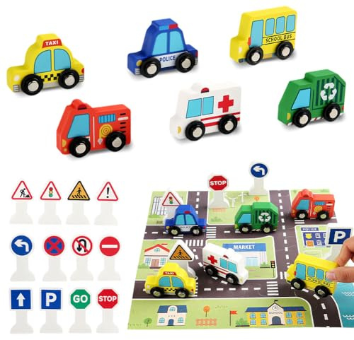 Véhicules en bois et panneaux de signalisation pour signalisation routière - Jouet en bois sûr et carte - Panneau de signalisation en bois - Favorise l'éducation créative et routière pour les garçons