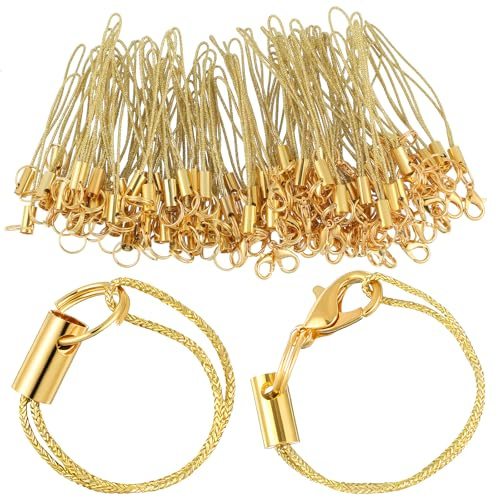 Skrfren 100 Stück Einfache Handy-Lanyard-Riemen für Schlüssel, Gold Phone Lanyard Strap for Keyrings Handyanhänger Schlaufen mit Karabiner für Charm, USB Schüsselanhänger