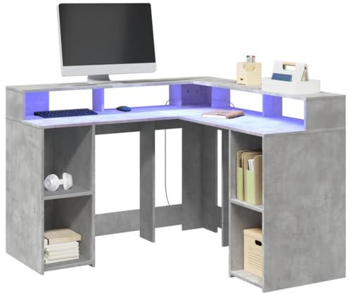Mandloder LED-Schreibtisch Betongrau 130x130x91 cm, L-förmiger Eckschreibtisch aus Holzwerkstoff für Gaming, Büro & Laptop, robuster Computertisch mit RGB-Beleuchtung & Stauraum