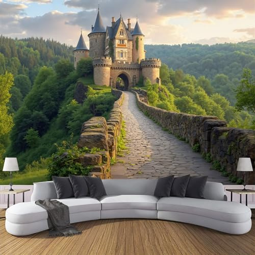 Wandtapete Europäischer Stil Schloss Fototapeten 350×256cm(W×H) fototapete Natur Berge Wald Vlies wand wandbild 3D modern ohne Klebstoffrückseite, ideal für Wohnzimmerwand