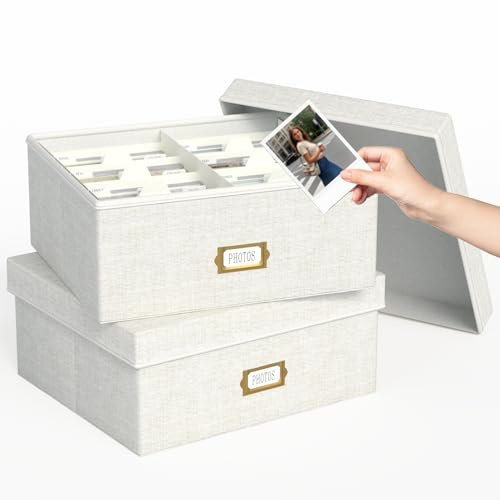Dekorative Foto-Aufbewahrungsbox, Leinen, für 1700 Bilder à 10 x 15 cm | Foto-Aufbewahrungsbehälter mit 8 Trennwänden, Erinnerungs-Organizer für Fotos, Scrapbooking, Karten, Briefmarken, Beige