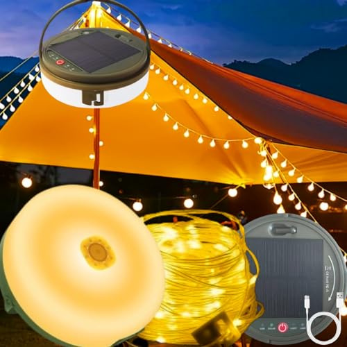 OPAHUTER 12M Camping Lichterkette Aufrollbar Solar mit Fernsteuerung, 120LEDs 3600 mAh USB Wiederaufladbare LED Lichterkettemit, 8 Beleuchtungsmodi Tragbare Vielseitige Campinglampe (warmweiß, 12M)