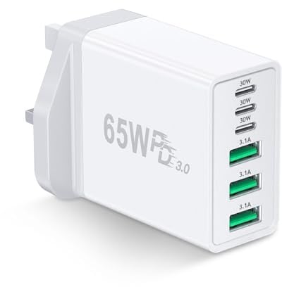 65W USB C Plug, 3-Port USB A PD Power Adapter + 30W(MAX) 3 Port Type C Plug | Multi Port Fast Charger UK Plug, Charging Plug for iPhone 16 15 14 13 12 11 Pro Max XS XR SE, iPad, AirPods