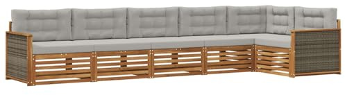 vidaXL Outdoor-Sofagarnitur mit Kissen 6 pcs Natürlich und Hellgrau, Patio-Sofa, langlebige Gartensitzmöbel, modernes Lounge-Set für Komfort im Freien