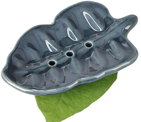 GURU SHOP Keramik Seifenschale `Blatt` - Blau, 2x10x8 cm, Seifenschalen