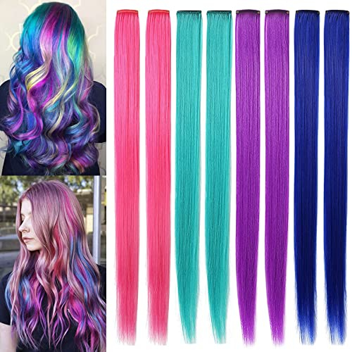 Rhyme Haarteile für Kinder Farbige Haarverlängerungen Clip in/On für Mädchen und Hiar Doll Zubehör Perückenstücke 8 PCS (Rosa lila Blaugrün Blau)