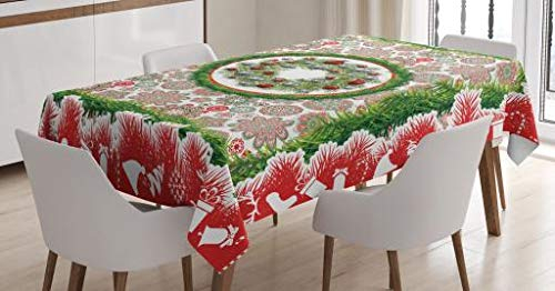 ABAKUHAUS Weihnachten Tischdecke, Fir-Kranz Ornamente, Schmutzabweisent mit Modernster Druck Technologie Waschbar Klare Farben, 140 x 240 cm, Rot Grün