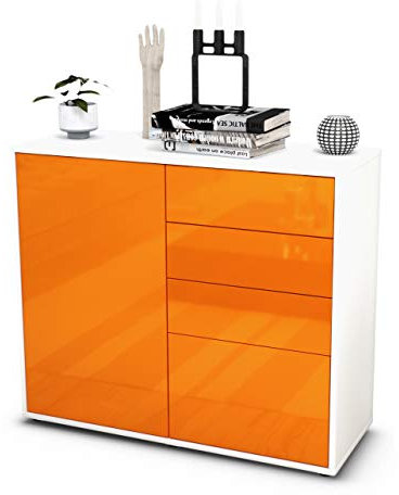 Stil.Zeit Sideboard Celestina, Korpus Weiss matt, Front Hochglanz Mandarine (92x79x35cm) Push-to-Open Technik & Leichtlaufschienen