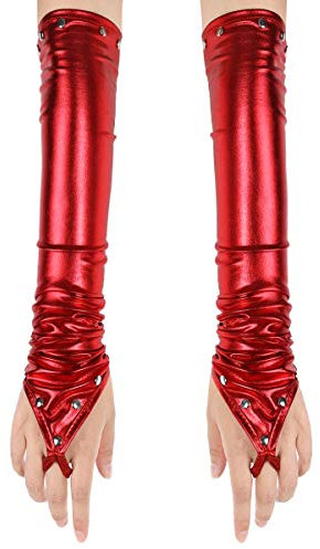 CHICTRY Women Sexy Fingerless Long Gloves Metallic Wetlook Patent Leather Gloves with Rivets for Nightclub Dancewear Red One Size