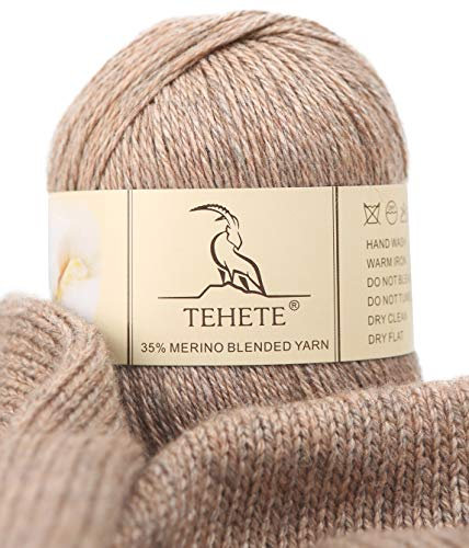 TEHETE Merinowolle Garn zum Stricken und häkeln, Handstrickgarn Schurwolle, 250 Metern 3 Fäden 50g per Knäuel,weich und leicht,Mokka