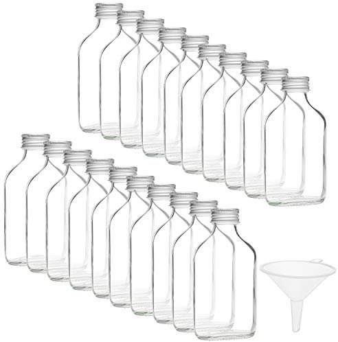 BELLE VOUS 20 Pack Mini 100ml/3.5oz Glass Flask Liquor Bottles with Silver Caps & Funnel - Empty Screw Top Miniature Favour Bottles for Weddings & Parties - Alcohol, Schnapps, Whisky, Shots & Spirits