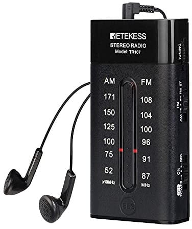 Retekess TR107 Mini Radio Batteriebetrieben, Kleines Radio mit Kopfhörer, Transistor FM AM, FM-Stereo, Mega BASS, zum Gehen, Joggen, (Schwarz)