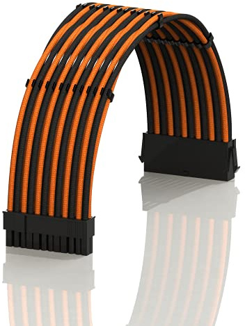 LINKUP - AVA 50cm ATX 24 Pin (20+4) Motherboard PSU Braided Sleeved Power Supply Extension Cable w/Combs | Strong & Stiff Design | Single Pack | 500mm - OrangeBlack