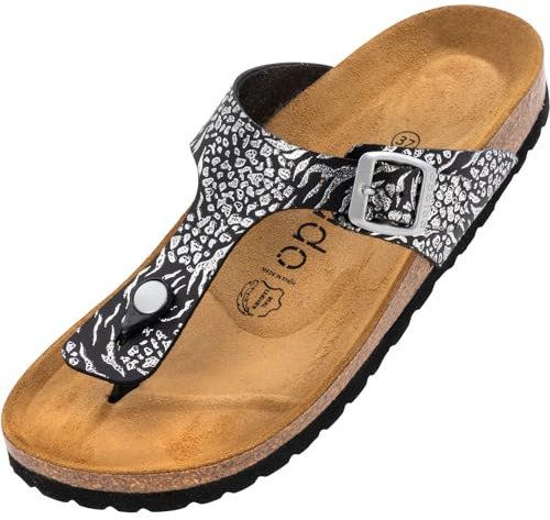 Palado Zehentrenner Damen Kos Prints – gefertigt in Spanien – Veloursleder-Decksohle – modische Prints – weich gepolstertes Fußbett Orna Schwarz UK6 - EU39