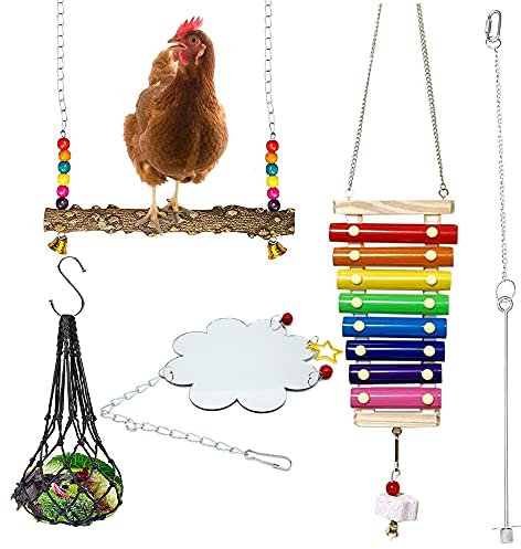 Allazone 5 Stück Hühner Spielzeug, Hühnerschaukel aus natürlichem Holz, Huhn Gemüse Spieß Obsthalter, Aufhängbares Holz Xylophon Spielzeug Henne Hühner Hängendes Spielzeug mit Netzbeutel für Küken