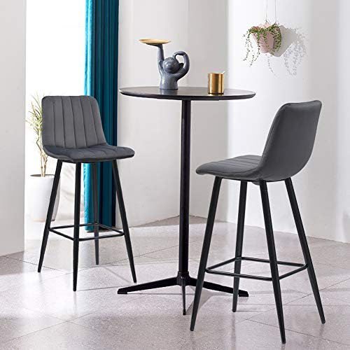 LEMROE Lot de 2 tabourets de bar en velours avec dossier et pieds noirs, chaises de bar avec repose-pieds (rayures verticales, 65 cm, gris)