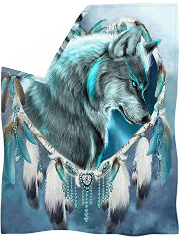 HUGS IDEA Wohndecke Tribal Ethno-Stil Traumfänger Feder Türkis Wolf Überwurf Decke Kunstfell Shaggy Camping Decken Indoor Sofa Bett Laken