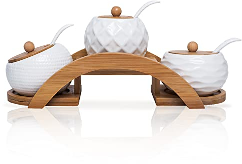 Barattolo per spezie in porcellana con coperchio e vassoio in bambù, cucchiaio da portata in ceramica, set da 3, bianco, 170 ml, perfetto per conservare le spezie in casa, cucina
