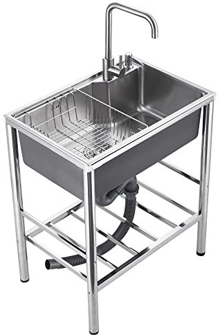 HomeLava Mobile Küchenspüle Spülbecken Hochwertiger 304 Edelstahl Spüle Küche 1 Becken 65 x 45 x 80 cm Campingküche Gartenwaschbecken Multifunktions Waschtisch mit Armatur und Ständer