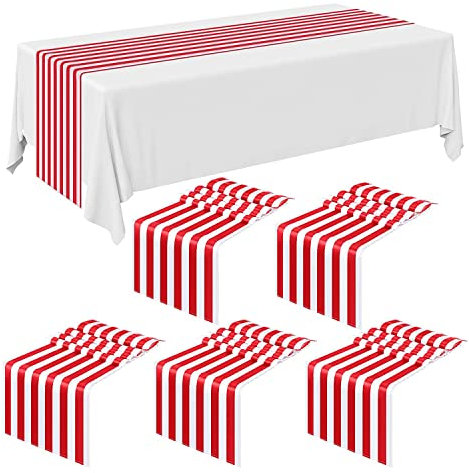 Yaootely 6 StüCk Gestreifter TischläUfer Hochzeit Polyester Tischdekoration Rot Weiß Gestreift Design Tischdecke Dekoration 12 X 108
