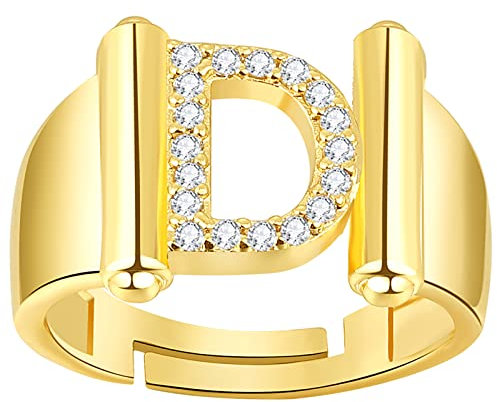 JewelryWe Schmuck Damen-Ring Buchstabe Ring Verstellbare Initiale Alphabet D Band Ringe mit Zirkonia Gravur Geschenk für Frauen Mädchen Gold
