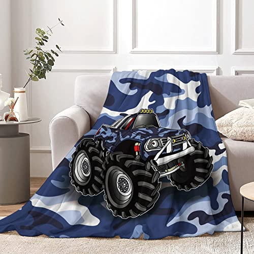 Lingqiang Camo Blue Truck Throw Blanket , 130 x 150 cm Camouflage Monster Cartoon Truck Fluffy Plush Blanket Gift, Soft Blue Truck Flannel Blanket Teen Fans Bed Couch Decor, Truck - Camo Blue
