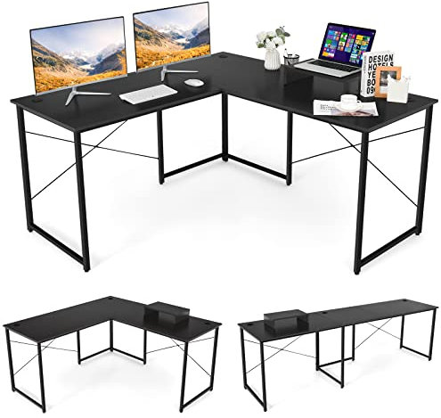 COSTWAY Scrivania Angolare per Computer con Supporto per Monitor, Scrivania Porta PC in Legno, Scrivania Salvaspazio e Moderna per Ufficio e Studio, 240 x 60 x 74 cm (Nero)