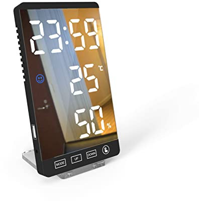 ThreeH Wecker mit Temperatur Luftfeuchtigkeit Smart Clock mit Ladeanschluss Spiegeloberfläche für Heimdekoration Schwarz_Weiß