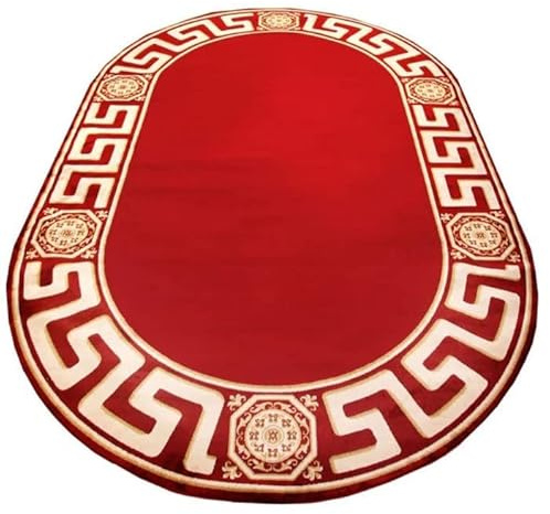 Belle Arti Teppich Oval Wohnzimmer Kurzflor Wohnzimmerteppich Schlafzimmer Flur Mäander Design in rot Gold - Weich Antirutsch Seidenglanz - 152x230 cm, Oval