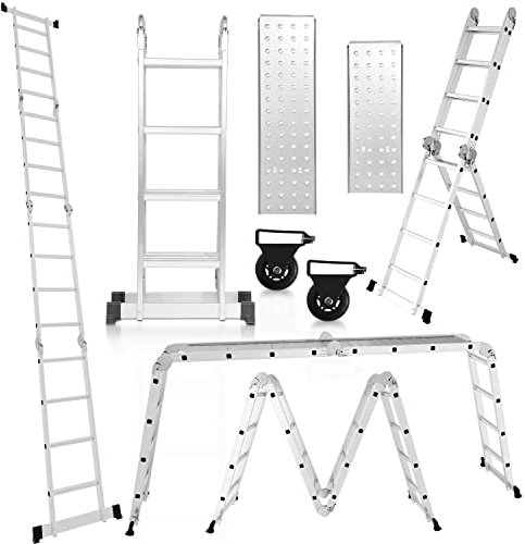 Randaco 7in1 Mehrzweckleiter, 582CM 4x5 Aluminium Vielzweckleiter Klappleiter mit 2 Plattform und Räder, Multifunktionsleiter 20 Sprossen, Max Belastung 150 kg, Gelenkleiter