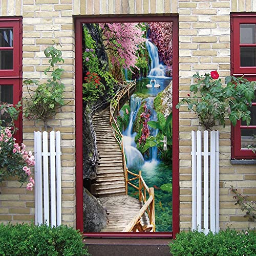 stickers paroi de douche 90x200cm(35.43 inches * 78.74 inches)Escalier cascade Autocollant mural porte autocollants 3D papier peint chambre salon porte décor 3D Mural Pvc auto-adhésif étanche décalcom