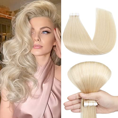 Benehair Tape in Extensions Echthaar, 45CM Tape in Haarverlängerungen, Invisible Echthaar Extension mit Tapes, Seidig Glatte Echthaars Extension, 10Pcs 25g Platinblond #60