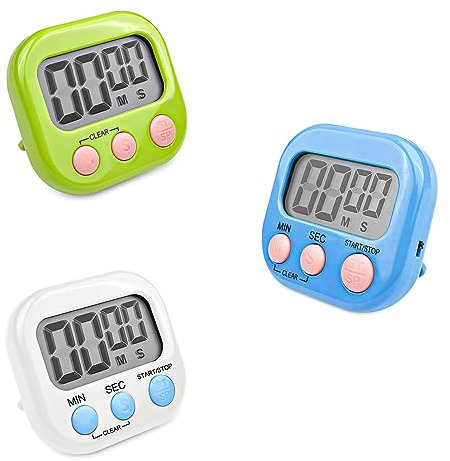 Fousenuk 3 Pièces Minuteur de Cuisine Magnétique avec 3 Couleurs, Chronometre avec Grand Écran LCD, Chronomètre et Alarme Digital, Timer Enfant, Compte à Rebours pour Kitchen Cuisson Douche Sport