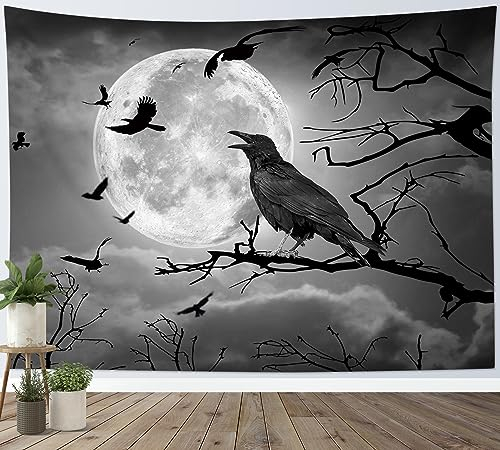 LB Wandteppich Halloween Krähe Wandtuch Schwarze Fledermaus und toter Baum Wandbehang Vollmond am grauen Himmel Tapisserie für Wohnzimmer Schlafzimmer Wohnheim Wanddeko,235x180cm